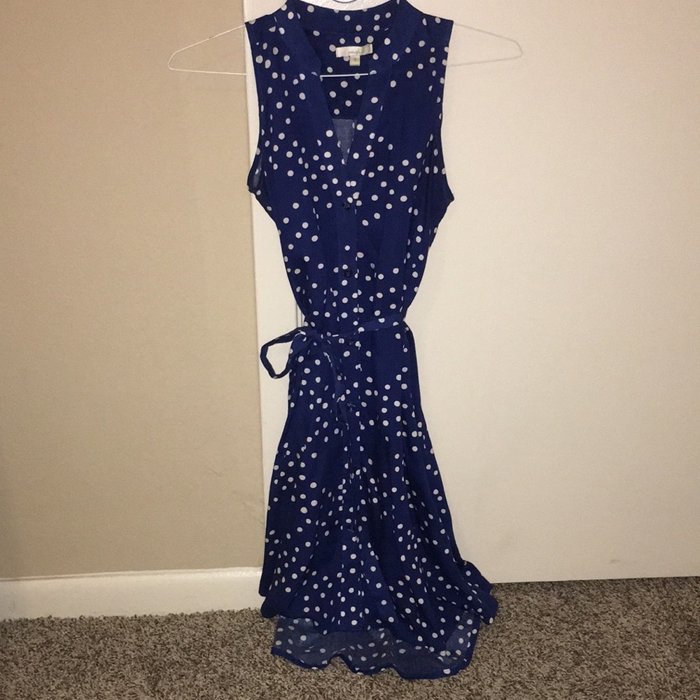 Blue polka dot midi dress with waist tie